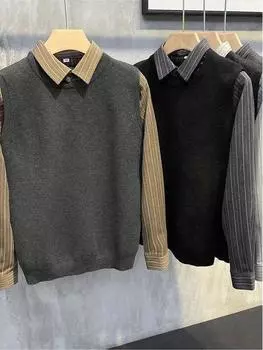 Мужской тонкий вязаный свитер в стиле ретро с воротником-стойкой — тренд осени и зимы XXXL светло-серый
