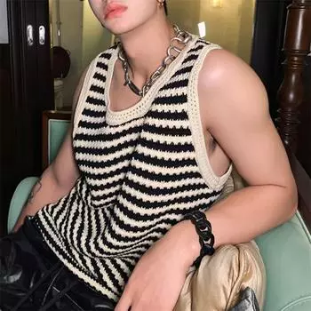 Мужской топ без рукавов, стильный мужской полосатый трикотажный жилет без рукавов, повседневная спортивная уличная одежда с дышащим комфортом в полоску L абрикосовый