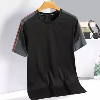 Мужской топ из ледяного шелка, быстросохнущие рукава, с контрастным вырезом, свободный короткий цвет, тонкий дышащий эластичный повседневный пуловер на каждый день M чёрный
