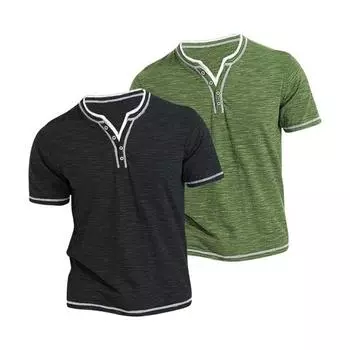 Мужской топ на пуговицах с V-образным вырезом и короткими рукавами, повседневный пуловер в полоску контрастного цвета, средний размер M хаки