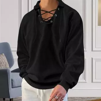 Мужской топ на шнуровке с V-образным вырезом, однотонный свободный мягкий пуловер с длинными рукавами и эластичными манжетами L чёрный