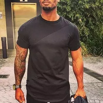 Мужской топ однотонный лоскутный круглый вырез с коротким рукавом мягкий эластичный средней длины повседневный XL чёрный