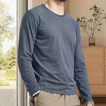 Мужской топ осень-весна с круглым вырезом и длинными рукавами, однотонный, облегающий, тонкий M синий