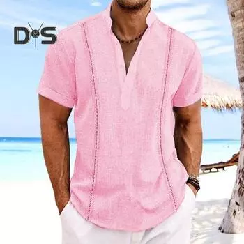 Мужской топ-рубашка, однотонный воротник с лацканами и короткими рукавами, дизайн на пуговицах, быстросохнущая дышащая ткань, летний повседневный топ 3XL светло-синий