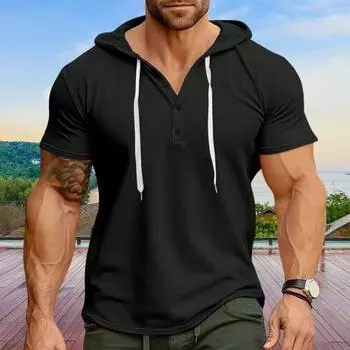 Мужской топ с капюшоном на шнурке, однотонный пуловер с короткими рукавами и текстурой, вафельного цвета, приталенный, повседневная повседневная одежда средней длины M белый