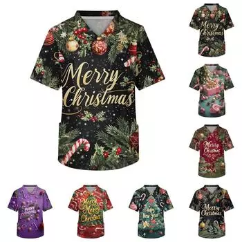 Мужской топ с коротким рукавом, V-образным вырезом, рождественским принтом и нагрудным карманом XL