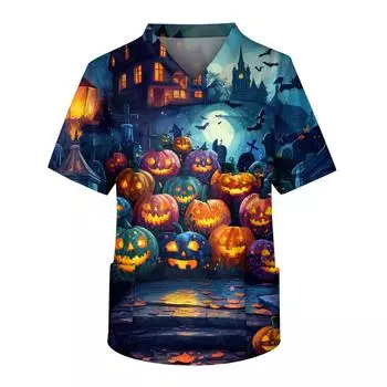 Мужской топ с короткими рукавами и v-образным вырезом на Хэллоуин с принтом на груди и карманом для ухода за кожей L