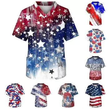 Мужской топ с короткими рукавами и V-образным вырезом в честь Дня независимости и нагрудным карманом L