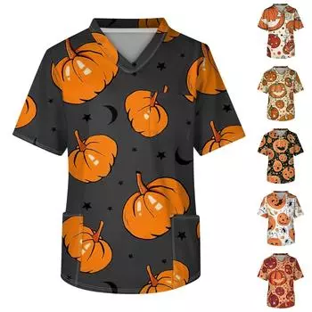 Мужской топ с короткими рукавами и v-образным вырезом на Хэллоуин с принтом на груди и карманом для ухода за кожей XXXXXL