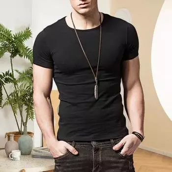 Мужской топ с короткими рукавами O Slim Fit Тонкий однотонный эластичный воротник средней длины Повседневный пуловер Повседневная домашняя одежда 3XL белый