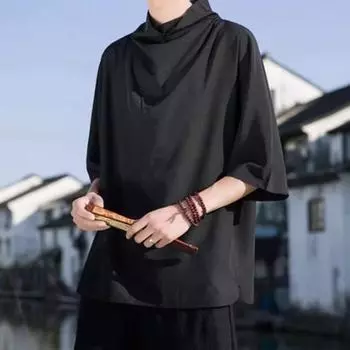 Мужской топ с половиной рукава, свободный нерегулярный сложенный цветной воротник, однотонный, индивидуальный, тонкий, уличная одежда в стиле хип-хоп на каждый день L чёрный