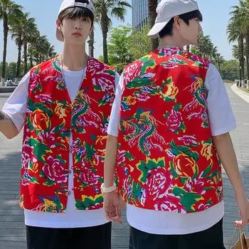 Мужской топ с пряжкой в китайском стиле в этническом стиле на северо-востоке с большим цветочным жилетом M чёрный
