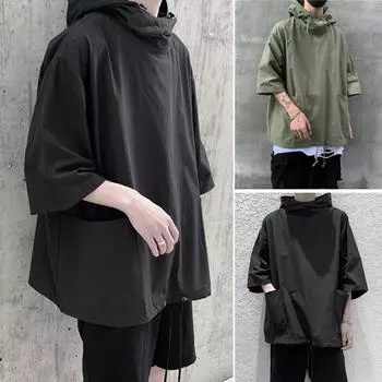 Мужской топ с рукавами три четверти, свободный однотонный капюшон с завязками, большие карманы, мягкий дышащий пуловер в стиле хип-хоп 2XL чёрный