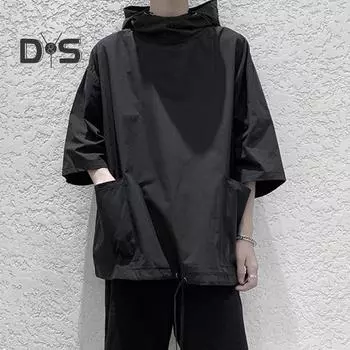 Мужской топ с рукавами три четверти, свободный сплошной цвет с капюшоном на шнурке, большие карманы, мягкий дышащий пуловер, уличная одежда в стиле хип-хоп, летняя толстовка с капюшоном M армия зеленый