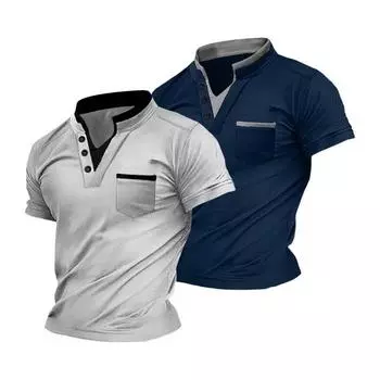 Мужской топ с V-образным вырезом и короткими рукавами, искусственный двухсекционный нагрудный карман, мягкий тонкий пуловер в стиле ретро S светло-серый