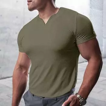 Мужской топ с V-образным вырезом и короткими рукавами, однотонный мягкий пуловер, эластичный пуловер Slim Fit M светло-серый