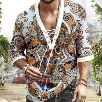 Мужской топ с v-образным вырезом, на шнуровке, со средним рукавом, с принтом в стиле ретро, пуловер с этническими ремешками, свободная повседневная одежда средней длины M синий