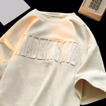 Мужской топ Свободный чистый цвет с половиной рукавов Ретро O-образный вырез с тиснением и надписью Повседневный узор XL абрикосовый