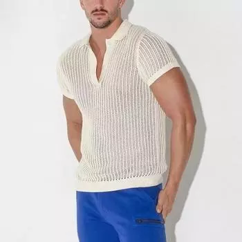 Мужской топ, трикотажная рубашка с v-образным вырезом, однотонная, свободная, прозрачная, с половиной открытия, цветная, с короткими рукавами, спортивная рубашка для фитнес-клуба M белый