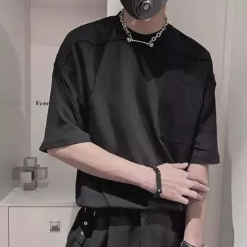 Мужской топ в японском стиле с полукруглым вырезом и карманом на груди, свободные рукава в стиле хип-хоп, лоскутный пуловер средней длины, мягкий M белый