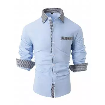 Мужской топ, весна-осень, клетчатая лоскутная хлопковая рубашка, белые, черные, синие, свободные классические рубашки, рубашки с длинными рукавами и лацканами S светло-синий