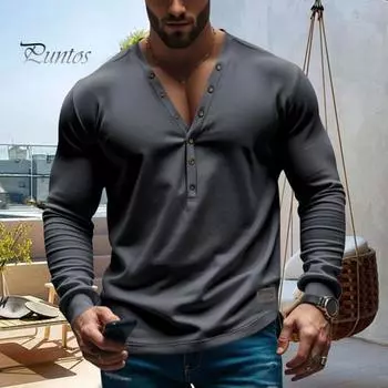 Мужской топ весна-осень с декором на пуговицах, V-образным вырезом, длинными рукавами, однотонный пуловер, футболка, эластичный облегающий спортивный топ для фитнеса M чёрный