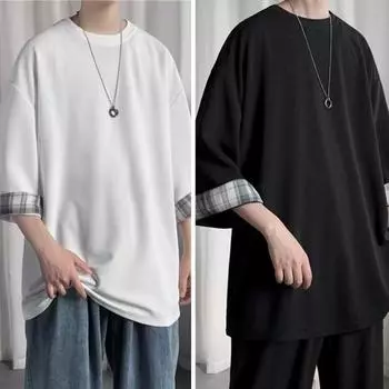 Мужской топ Young в клетку с манжетами, дышащий мужской топ, однотонная мужская футболка, мужская летняя верхняя мужская одежда XXL чёрный