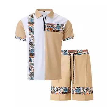 Мужской трансграничный костюм летний с принтом на молнии в цветовой гамме шорты повседневный спортивный комплект из двух предметов S