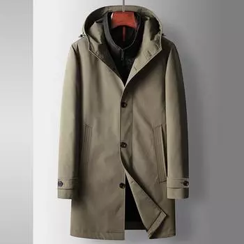 Мужской тренчкот осень-зима средняя и длинная куртка-пуховик комплект из двух предметов для среднего и молодого возраста легкая роскошная деловая теплая куртка с капюшоном 170 хаки