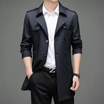 Мужской тренчкот повседневное пальто мужская осень длинный рукав тренд в длинный свободный тонкий молодежный однотонный цвет M