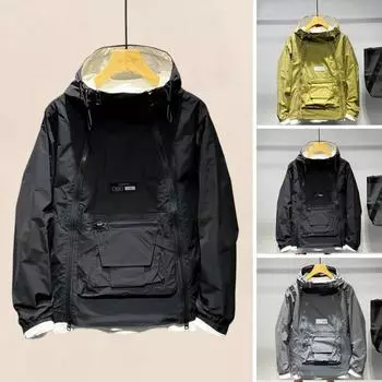 Мужской тренчкот с капюшоном и длинным рукавом на завязках-карго с двойной молнией, однотонный цвет L чёрный