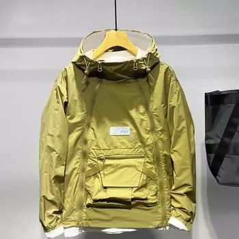 Мужской тренчкот с капюшоном, завязками на шнурке, длинными рукавами, двойной молнией, однотонный, с большим карманом, уличный стиль, верхняя одежда XXL серый