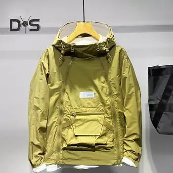 Мужской тренчкот с капюшоном, завязками на шнурке, длинными рукавами, двойной молнией, однотонный, с большим карманом, уличный стиль, верхняя одежда XXL серый