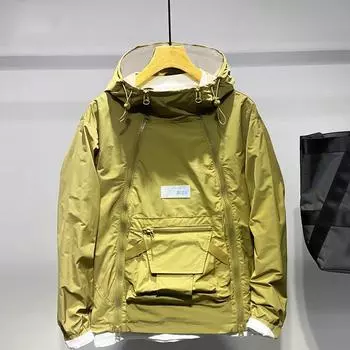 Мужской тренчкот с капюшоном, завязками на шнурке, длинными рукавами, двойной молнией, однотонный, с большим карманом, уличный стиль, верхняя одежда M хаки