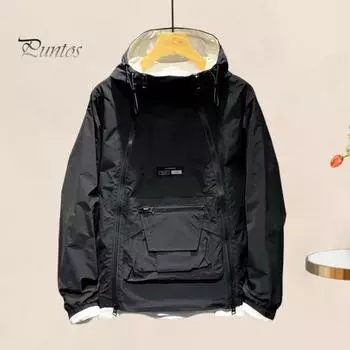 Мужской тренчкот с капюшоном, завязками на шнурке, длинными рукавами, двойной молнией, однотонный, с большим карманом, уличный стиль, верхняя одежда XXXL чёрный