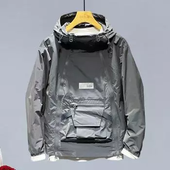 Мужской тренчкот с капюшоном, завязками на шнурке, длинными рукавами, двойной молнией, однотонный, с большим карманом, для улицы M серый