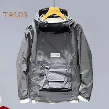 Мужской тренчкот с капюшоном, завязками на шнурке, длинными рукавами, двойной молнией, однотонный, с большим карманом, уличный стиль, верхняя одежда XL серый