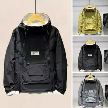 Мужской тренчкот с капюшоном, завязками на шнурке, длинными рукавами, двойной молнией, однотонный, с большим карманом, уличный стиль, верхняя одежда M серый