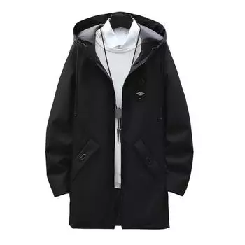 Мужской тренчкот с капюшоном, завязками на шнурке, длинными рукавами, средней длины, с карманами, однотонный L чёрный