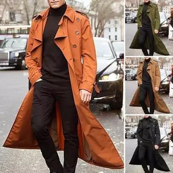 Мужской тренчкот с лацканами и длинным рукавом, однотонная ветровка, двубортная, длинная, стильная, деловая верхняя одежда для отдыха M оранжевый
