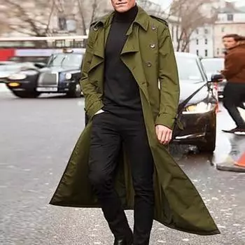 Мужской тренчкот с лацканами и длинным рукавом, однотонная ветровка, двубортная, длинная, стильная, деловая верхняя одежда для отдыха S чёрный