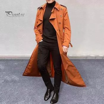 Мужской тренчкот с лацканами и длинным рукавом, однотонная ветровка, двубортная, длинная, стильная, деловая верхняя одежда для отдыха S чёрный