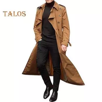 Мужской тренчкот с лацканами и длинным рукавом, однотонная ветровка, двубортная, длинная, стильная, деловая верхняя одежда для отдыха S чёрный