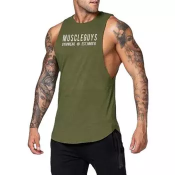 Мужской тренировочный топ без рукавов Muscleguys, летний хлопковый спортивный жилет для фитнеса, дышащая свободная футболка M чёрный