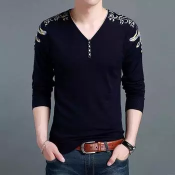 Мужской трикотаж осенний пуловер с V-образным вырезом на пуговицах, корейская версия The Body Trend Fashion Autumn Base Shirt Thin M
