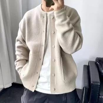 Мужской трикотаж с круглым вырезом и длинными рукавами, однобортный однотонный кардиган, трикотажное пальто свободного покроя M абрикосовый