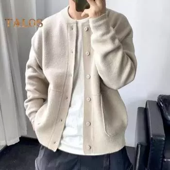 Мужской трикотаж с круглым вырезом и длинными рукавами, однобортный однотонный кардиган, трикотажное пальто, свободная повседневная одежда, школьный свитер, куртка M зелёный