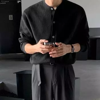Мужской трикотажный кардиган на пуговицах класса люкс, свитер, повседневный длинный рукав, круглый вырез, однотонный, винтажная корейская осенняя одежда S серый