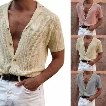 Мужской трикотажный свитер с короткими рукавами, летняя тонкая свободная рубашка поло M серый