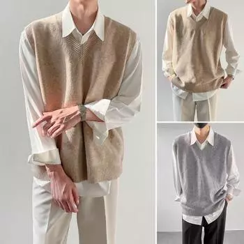 Мужской трикотажный свитер, жилет с V-образным вырезом, без рукавов, свитер, повседневный свободный жилет для повседневной носки, деловой костюм M хаки